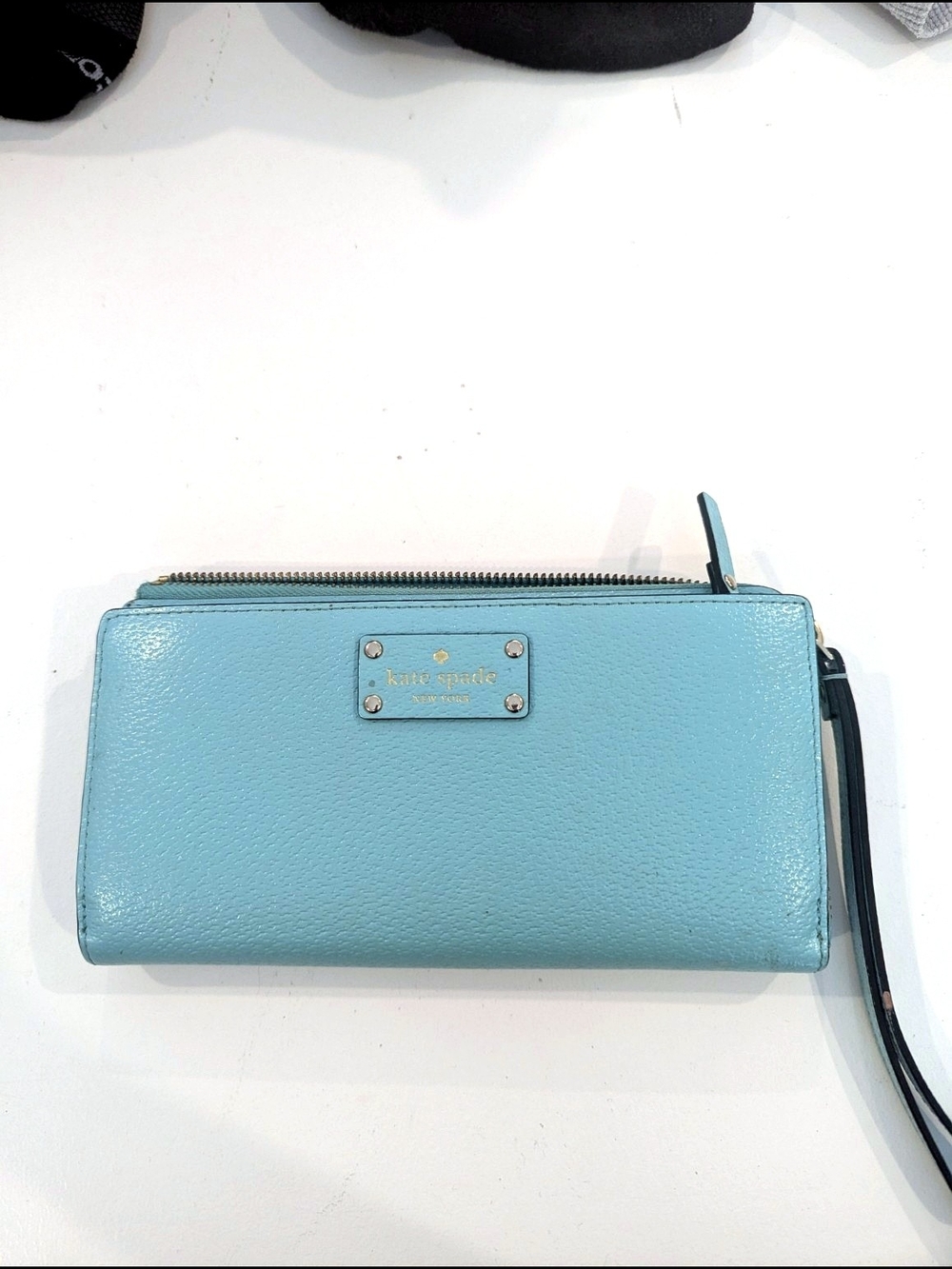 Kate Spade New York Turquoise Pebbled Leather Zip Around Wallet Wristlet